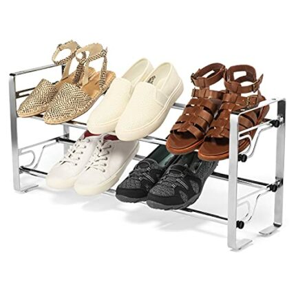 USTECH 2 Tier Adjustable Chrome Shoe Rack Storage Organizer | Portable, Large, Free Standing Closet Shelf for Bedroom and Entryway | Metal Shoe S