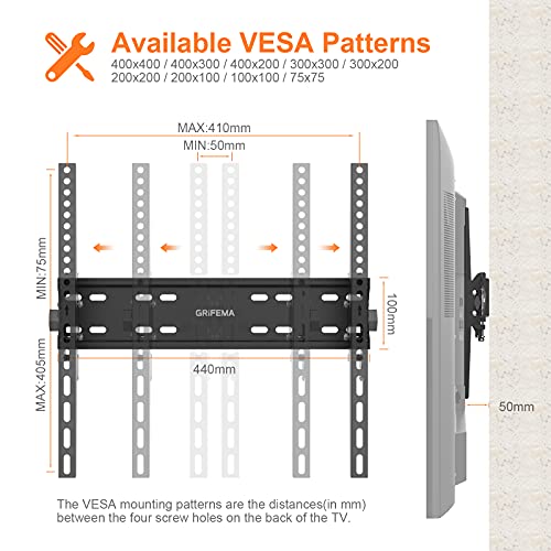 GRIFEMA GB1004-2 TV Wall Bracket, Tilt TV Mount for 26 to 65 Inches Flat & Curved TVs or Monitors, Max VESA 400x400mm Weight Capacity up to 50kg,
