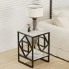Marble Top Side Table Black: 2 Tier Square Geometric Rhombus Frame End Tables 40 x 58cm Sintered Stone Bedsides with Black Legs Modern White Marb