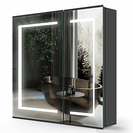 LUMIRRORS® LED Bathroom Mirror Cabinet with Shaver Socket Lights 65x60 cm 2-door Dimmer Matt Black Aluminum Touch Switch Antifog Adjustable Shelv