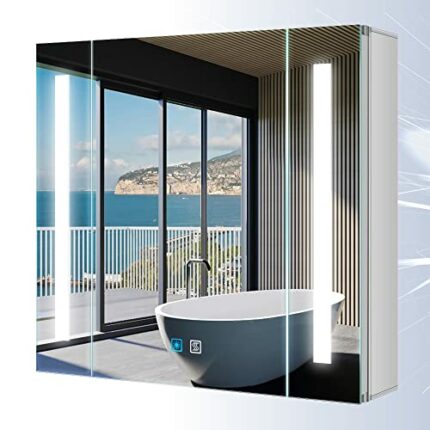 Tokvon® Alameda Bathroom Mirror Cabinet led illuminated light mirrored cabinet with led dimmer switch shaver socket demister strip lights 650x600