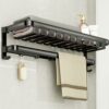 plainshe Towel Rail with Shelf: Wall Mounted Drill/Adhesive 2 Tier 59cm Aluminum Foldable Bath Towel Rack Non Drill Towel Holder Bathroom Shelf T