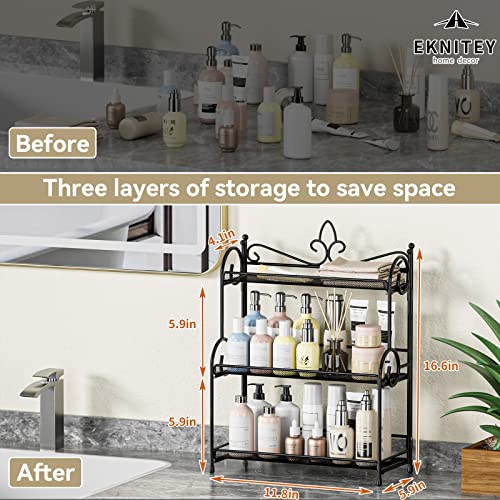 EKNITEY Bathroom Countertop Organiser Storage - Kitchen Counter Spice Rack 3 Tier Countertop Organiser for Makeup, Perfume, Cosmetics Black