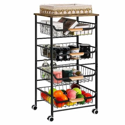 5-tier Trolley on Wheels, Vegetable Rack, Kitchen Storage Utility Cart, Rolling Storage Rack for Kitchen Office Bathroom Laundry Room