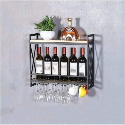 PIBM Wood Wine Rack Wine Glass Storage Shelf Wrought Iron Upside down Display Stand Home Bar Decor J1029, Black , 60X20X52CM