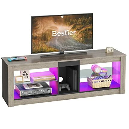 Bestier TV Stand Cabinet 140CM Entertainment Center Led Tv Stand Modern TV Unit with Glass Shelf RGB LED Lighted for 65 inch TVs with Ambient Lig