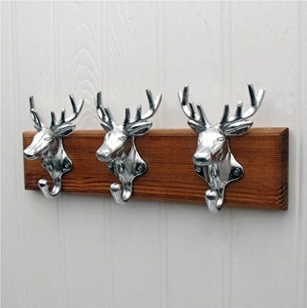 Jones & Grey Chrome Stags Heads Coat Rack Vintage Antique Style Wooden Wall Mounted Cast Iron Hooks