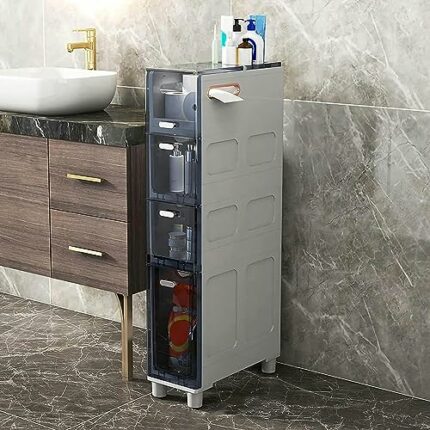 Bathroom Floor Cabinet Narrow Tall Slim Storage Tower, Sturdy Frame Narrow Toilet Paper Storage Cabinet with Clear Drawers and Casters for Small