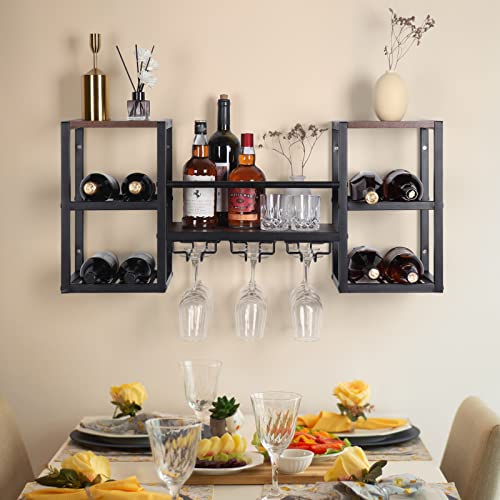 CRUDATE Hanging Wine Rack Wall Mounted, Floating Liquor Bottle Shelf with 3 Team Glass Holder Wine Shelf Bar Shelves Stemware Rack for Wall Wine