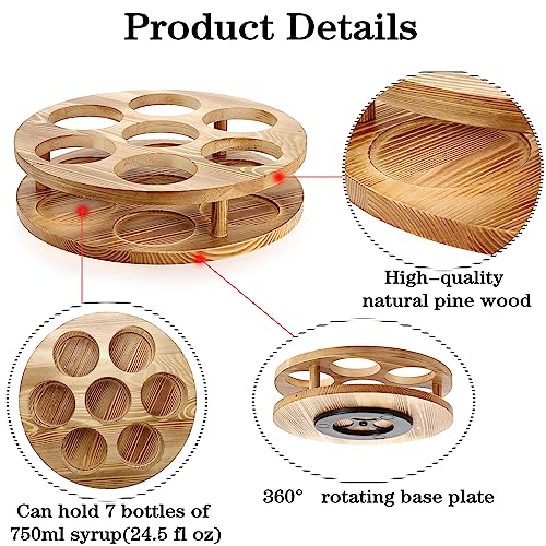 BSTKEY Rotating Syrup Bottle Holder Organizer, Vintage Wooden Coffee Syrup Rack Syrup Stand for Coffee Bar, 7 Bottles Countertop Freestanding Win