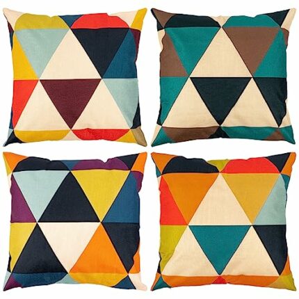 Garden Cushion Covers 18x18 Inch, Waterproof Cushion Covers Set of 4 Geometric Linen Pillow Cover, Colourful Art Outdoor Cushion Covers for Garde