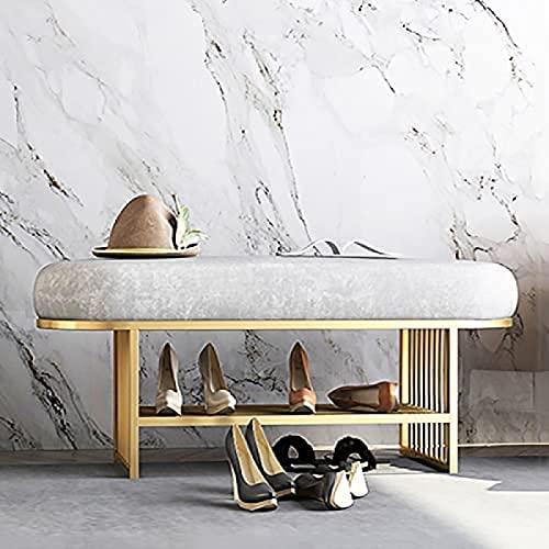 Entrance Bench With Gold Shoe Rack, Velvet Upholstered Bench Seat, Modern Bench Shoe Cabinet Organizer,Grey,80X35X45Cm(31X14X18Inch)