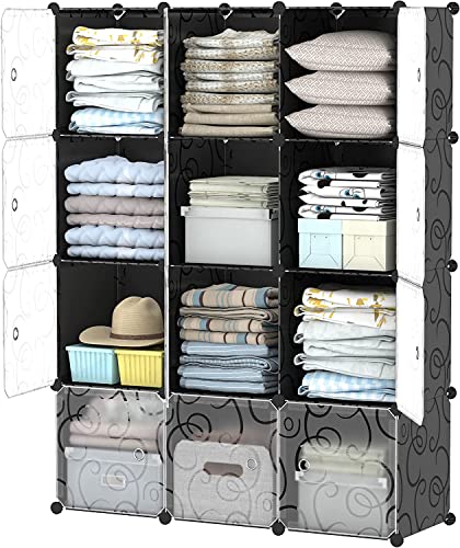 Portable Closet Wardrobe, 12 Cube Storage Organizer with Doors, Cube Closet Organizer with Doors, Modular Storage Shelves, Plastic Cubes Cabinet