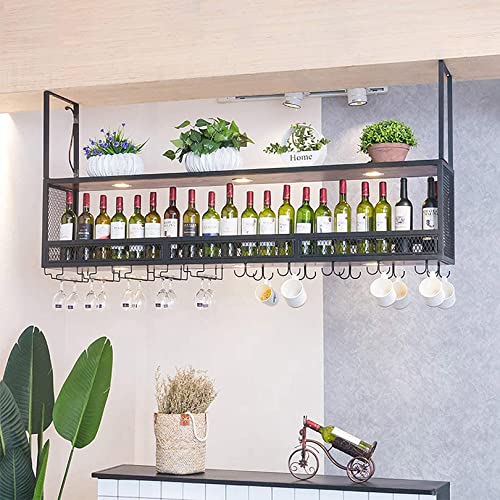Ceiling Mounted Wine Rack with Glass Holder, Industrial Metal Wine Shelf Champagne Glass Goblets Bottle Holder Hanging Floating Wine Shelf for Ki