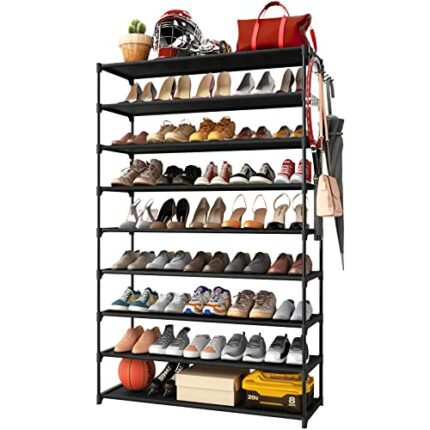 Kitsure 9-Tier Tall Shoe Rack for Closet - Shoe Organizer with Hook Rack, Large-Capacity of 36-45 Pairs, Metal Space-Saving Shoe Shelf for Entryw