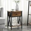 VECELO Bedside Table with Drawer and Shelf, No Slide Rails, Stable Metal Frame/Easy Assembly, Rustic Brown, Nightstand (Set of 2)