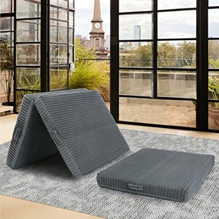 MeMoreCool Tri Folding Floor Mattress Single,10cm Thick High Density Foam Foldable Mattress with Removable Cover, Portable Guest Bed Sleep Mat wi