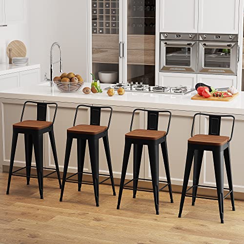 POINTANT Bar Stools Set of 4 Metal Bar Stool Counter Height Bar Stools 26" Black Modern Bar Chairs with Back and Wooden Seat Bar Stools Counter H