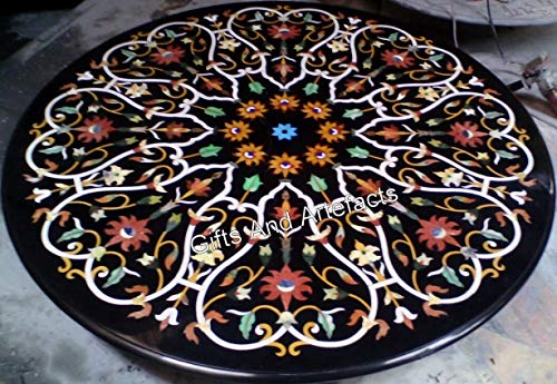 Gifts And Artefacts 42 x 42 Inches Elegant Look Dining Table Top with Marquetry Art Round Shape Black Marble Hallway Table for Hotel Furniture De