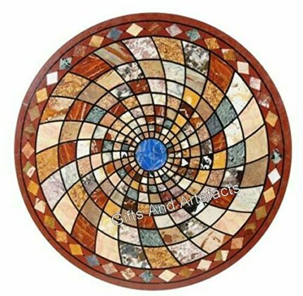 Gifts And Artefacts 42 x 42 Inches Geometric Design Inlay Work Dining Table Top Round Marble Sofa Center Table for Home Furniture Decor