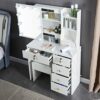 Saihemei Makeup Dressing Table with Sliding Mirror and Lights, 3 Color Modes Vanity Set with Storage Shelves and Chair, Makeup Table with Chargin