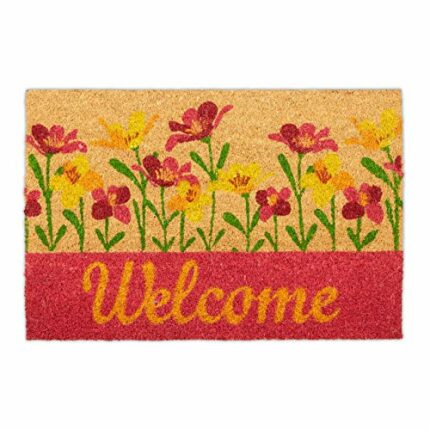 Relaxdays Welcome Flowers Doormat Coir, 40x60 cm, Door Mat Inside & Outside, Non-Slip, Rectangular, Coir/Red