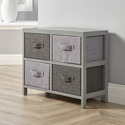 Home Source Metro Chest Storage Unit Fabric Basket Grey Wooden Tallboy Chest Organiser Bedroom, 4 Drawer