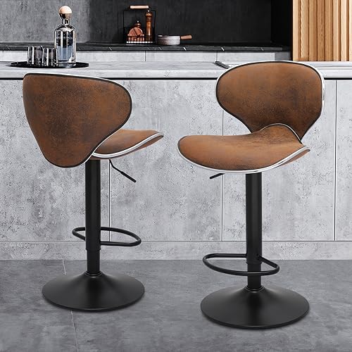 MoNiBloom Counter Height Swivel Bar Stools Set of 2, Coffee PU Leather Height-Adjustable Barstools with Footresr for Kitchen and Dining Room, Mod