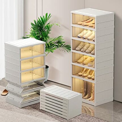 CIMLORD 6-12 Pairs Shoe Rack for Closet Foldable Shoe Organizer Plastic Shoe Boxes Clear Brown Doors Shoe Cabinet for Entryway Easy Assembly Shoe
