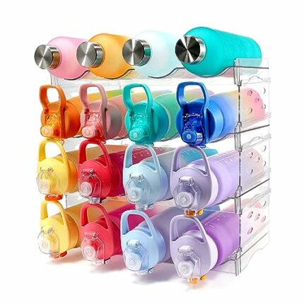 clbutge Water Bottle Organizer for Cabinet, 4 Pack Stackable Water Bottle Storage Rack, Kitchen Pantry Organization and Storage Shelf, Wine Drink