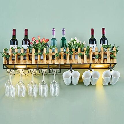 Wall Mounted Wine Rack with Lights, Wood Rustic Wine Bottle Glass Floating Shelves with Hanger, Modern Plants Wine Display Storage Holder for Kit