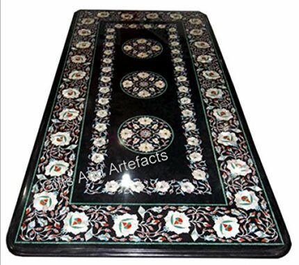 Gifts And Artefacts 24 x 60 Inches Rectangle Shape Black Marble Dining Table Top Floral Pattern Inlay Work Kitchen Table for Home Furniture Decor