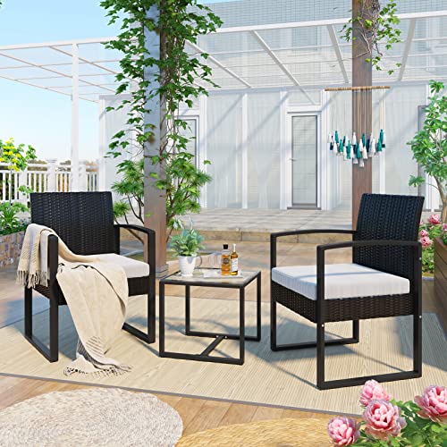 Rattan Garden Furniture Set, 3 piece Outdoor Patio furniture sofa set with 2 Armchairs and 1 table, Outdoor Seating for Bistro Front Porch Balcon
