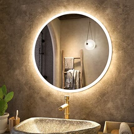 KWW 60cm LED Bathroom Mirror, Large Round Vanity Mirror with Voice Control, Color Temperature Adjustable, Dimmable Lights, Anti-Fog, Wall Mounted