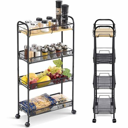 KINGRACK 4-Tier Slim Rolling Cart with Wooden Tabletop,Easy Assemble Mobile Storage Trolley On Wheels,Slide Out Utility Cart Shelving Units for N