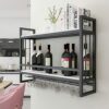 EYLINK Black Wine Rack Wall Mounted Wine Bottle Holder ，Iron Champagne Stemware Glasses Storage Shelf Kitchen Metal Floating Organizer Shelves Wi