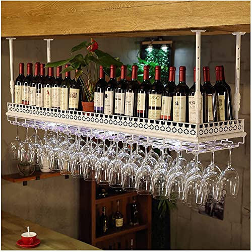 EMISOO Hanging Wine Rack, Retro Ceiling Decoration Rack, Upside-down Hanger Suitable for Living Room, Dining Room, Bar, with Colorful Lights (Col