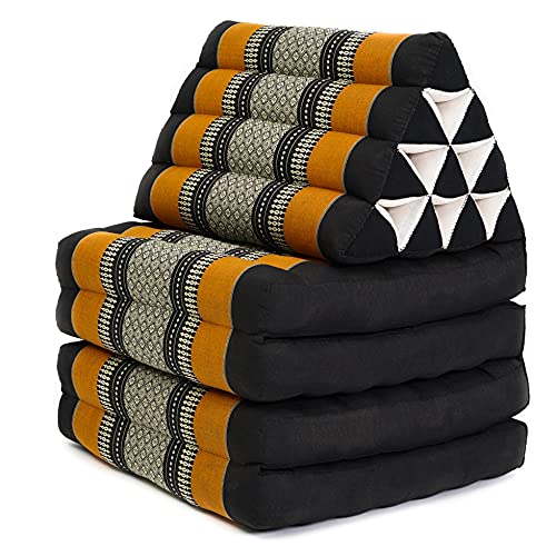 LEEWADEE 4-Fold Mat with Triangle Cushion – Firm TV Pillow, Foldable Mattress with Cushion Made of Eco-Friendly Kapok, 225 x 50 cm, black orange