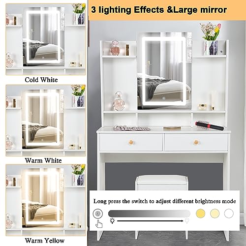 Makeup Vanity Desk with Lights & Mirror, Large Vanity Set with Storage Drawers & Stool, Bedroom Dresser Desk Vanity Table, White (Modern Vanity D
