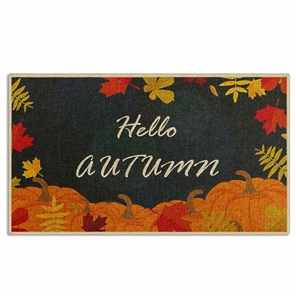 Hello Autumn Door Mat, Pumpkins Welcome Mat, Leaf Blue Orange Doormats Front Door Mat Outdoor Indoor Entrance Rug Floor Mat Non Slip Absorbent Re
