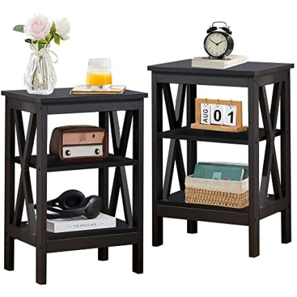 VECELO Night Stand Storage Shelf with Bin Drawer for Living Room Bedroom, Set of 2, Wood, Black A2
