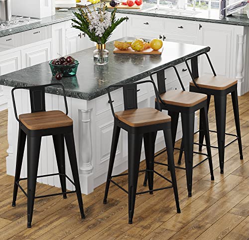 POINTANT Bar Stools Set of 4 Metal Bar Stool Counter Height Bar Stools 26" Black Modern Bar Chairs with Back and Wooden Seat Bar Stools Counter H