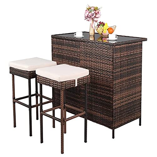 MIAOZI (102 x 59 x 101) cm Bar Table And Bar Stool Three-Piece Set Brown Gradient Patio Furniture Set Outdoor Furniture Set