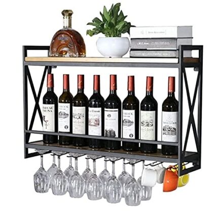EYLINK Wine Racks, Wall Mounted Hanging Metal and Wooden Wine Shelf with Glass Holder and Bottle Holder Rustic Wine Holder Champagne Goblet Stemw