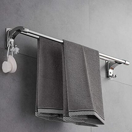 HIGOH Towel Rack Double Towel Bar with Hooks, Kitchen Anti-Rest Towel Stick Wall Mountedbathroom Towel Holder Towel Holder Bathroom Hardware/Silv