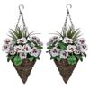 2 x Artificial Yellow and White Faux Silk Pansies and Grasses Rattan Cone Shaped Hanging Baskets Ideal for Home, Business, Outdoor Living 64cm/25
