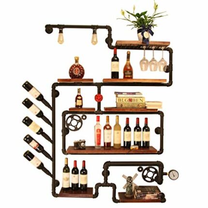 PIBM Industrial Wind Pipeline Wine Rack Bar Personality Iron Display Stand Bottle Display Solid Wood Storage Rack J119