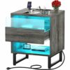armocity Night Stand with Charging Station, Nightstand with LED Lights, Modern Nightstand Bedside Table with Big Capacity Acrylic Drawer, End Tab