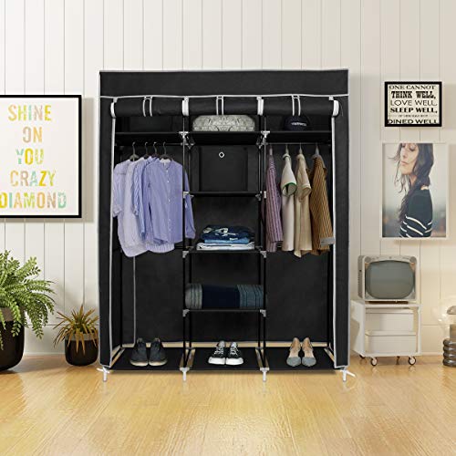 Meerveil Canvas Wardrobe, Wardrobes for Bedroom, Fabric Wardrobes Storage Organizer for Clothes, Portable Wardrobe with 2 Clothes Rails, 175 x 15