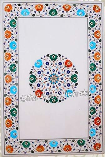 Gifts And Artefacts 24 x 48 Inches White Marble Rectangle Shape Dining Table Top Floral Pattern Inlay Work Kitchen Table for Home Furniture Decor